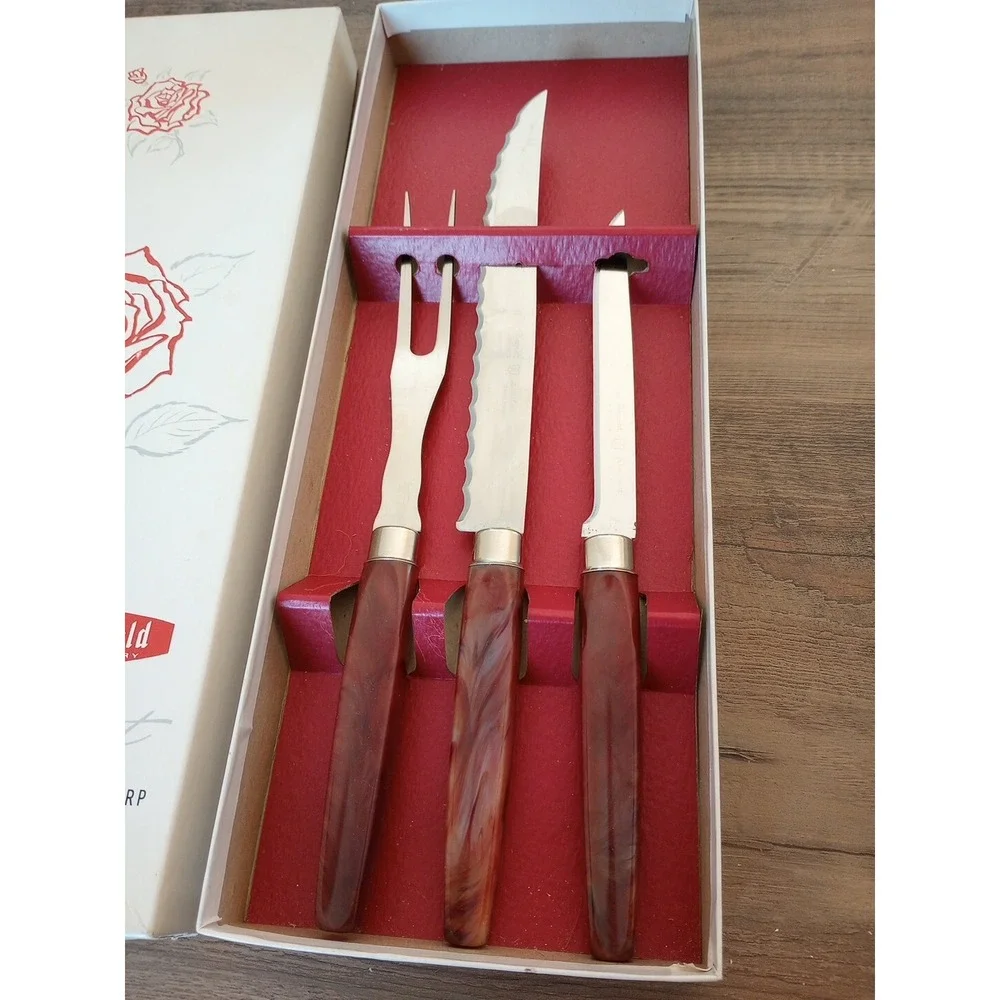 VTG Regent Sheffield England Stainless Blade/Brown Handles Cutlery Set 3Pc NIB